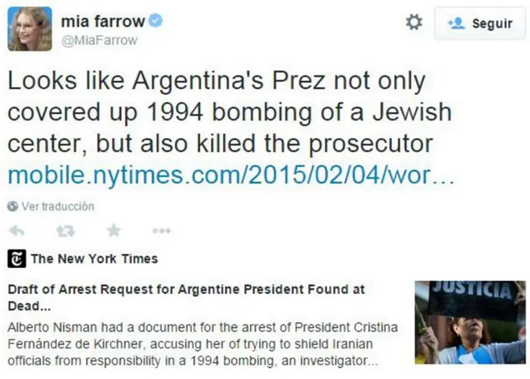 Hasta Mia Farrow opina del caso Nisman: "Parece que la Presidenta argentina mató al fiscal"