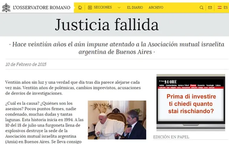 "Justicia fallida", dice el diario del Vaticano sobre la causa AMIA