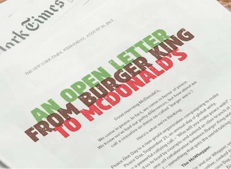 Burger King ofrece una "hamburguesa de la paz" a su rival McDonald's