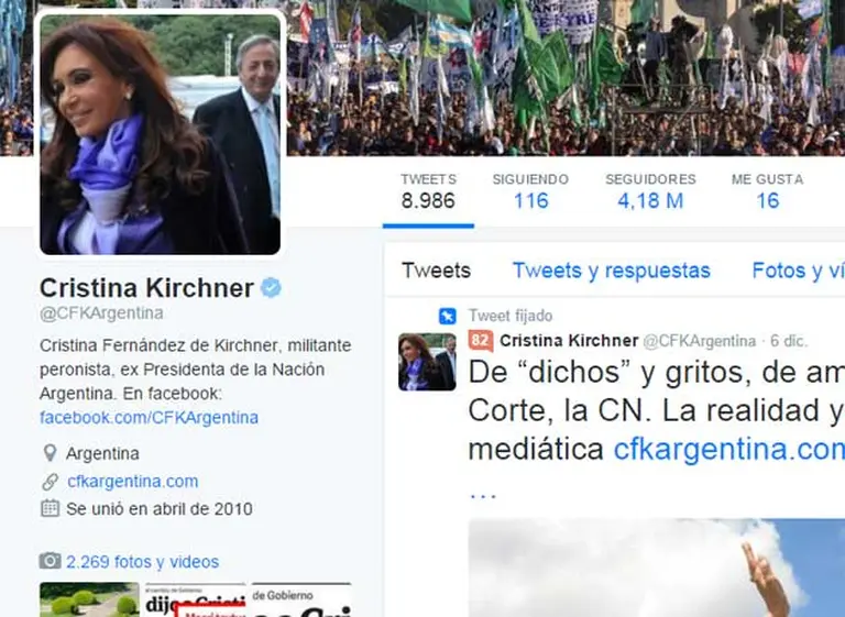Cristina Kirchner ya cambió su biografí­a en Twitter: "militante peronista"