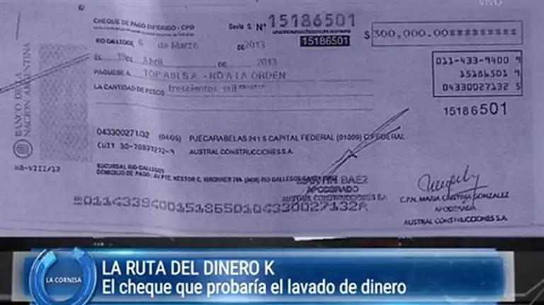 Apareció un cheque firmado por el hijo de Lázaro Báez que podrí­a ser una prueba clave del lavado