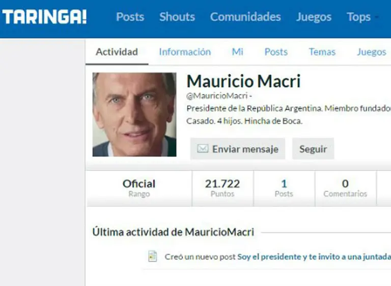 Macri expande a Taringa su presencia oficial en las redes sociales
