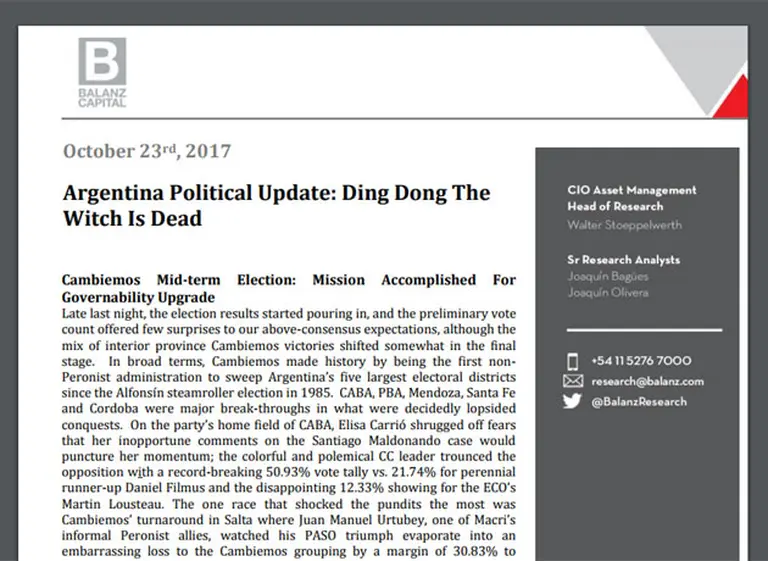 Banco de inversión afirma que terminó la carrera polí­tica de CFK