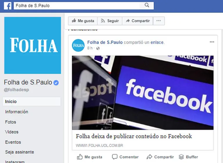 El diario brasileño Folha de Sao Paulo anunció que deja de publicar sus artí­culos en Facebook