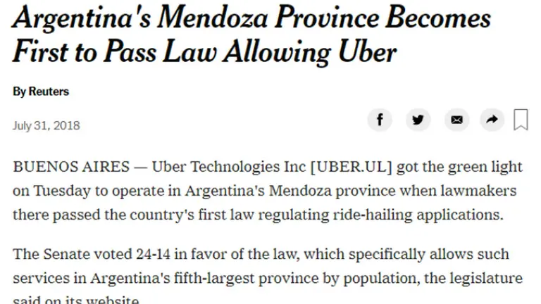 El New York Times destaca la "ley Uber" de Mendoza