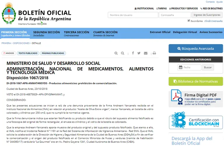 ANMAT prohibió la venta de un aceite de oliva y un lote robado de un medicamento