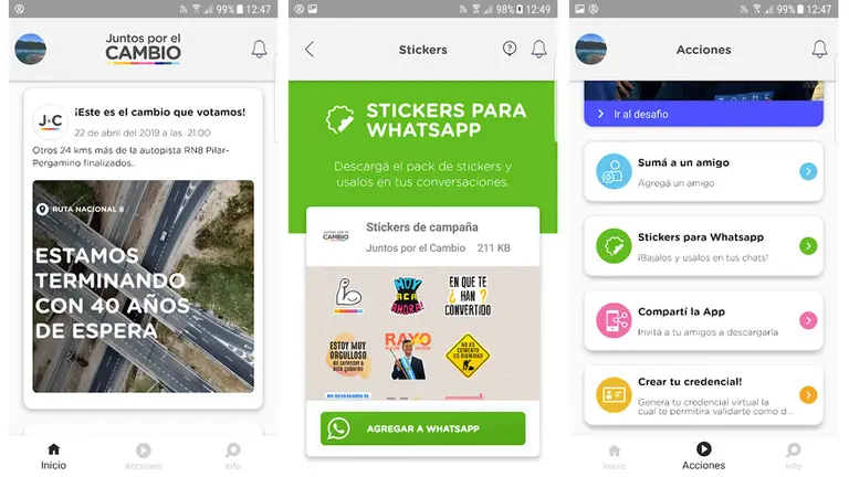 Diferentes pantallas de la app proselitista.
