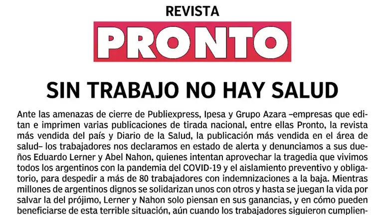 Cierre de Pronto: qué dice el comunicado de los trabajadores despedidos