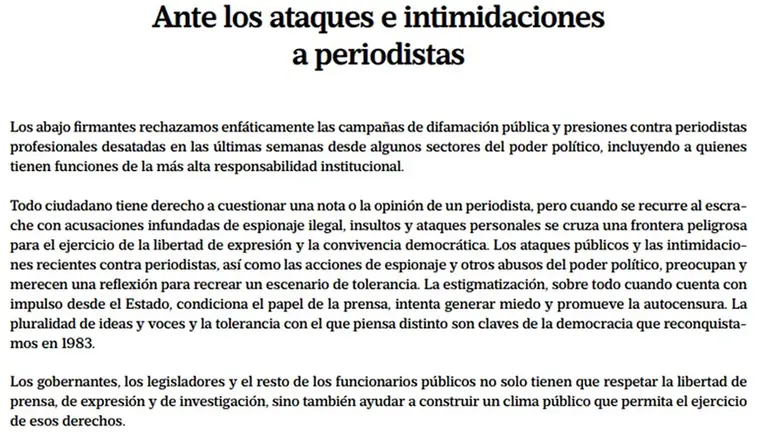En una solicitada, más de 300 periodistas repudiaron ataques del poder político