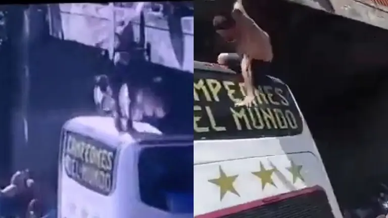 Video | Festejo descontrolado: el momento en que un hincha se tira de un puente y choca contra el micro de la Selección