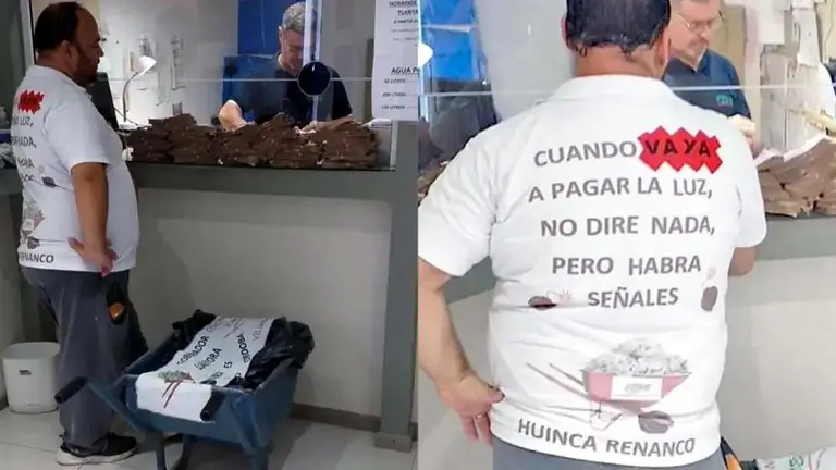 VIDEO |  Insólita protesta contra el aumento de luz: llevó una carretilla llena de billetes para pagar la boleta