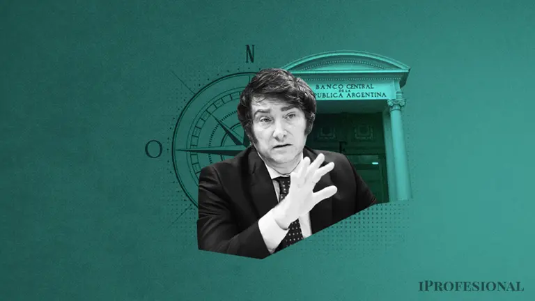 Imagen del presidente Javier Milei frente al Banco Central (BCRA), con una brújula de fondo. Imagen generada por iProfesional