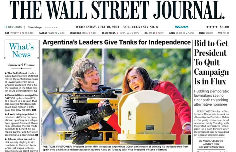 La foto de Javier Milei en un tanque llegó al The Wall Street Journal: qué dijo el presidente