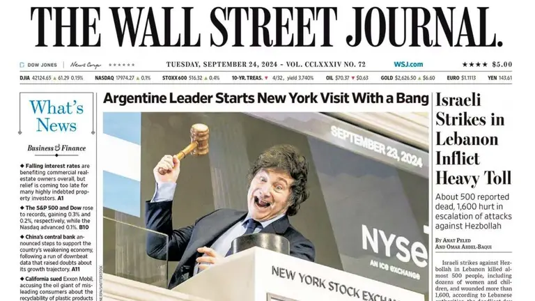 La visita de Javier Milei a New York llegó a la portada de The Wall Street Journal