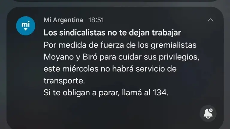 El Gobierno utilizó la app Mi Argentina contra el paro de transporte que afecta a miles de usuarios