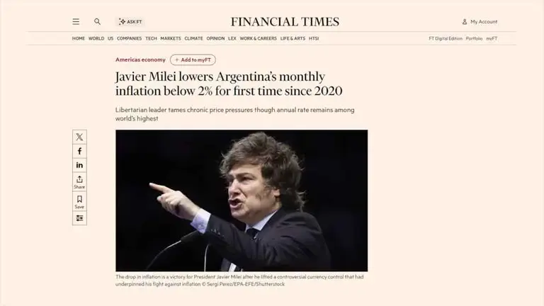 Financial Times reconoce a Milei por controlar la inflación y las "presiones crónicas sobre los precios"