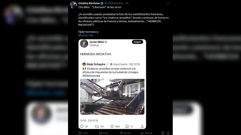 Cristina Kirchner volvió a chicanear a Milei: "Borrá el posteo que te van a meter en cana"