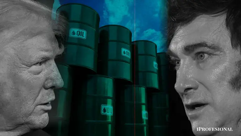 Donald Trump frente a Javier Milei con barriles de petróleo de fondo. 