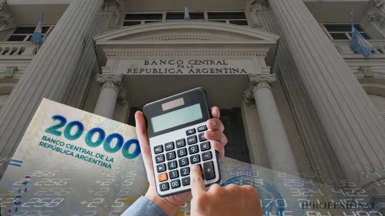 Una imagen de la fachada del Banco Central, con billetes de pesos y una calculadora