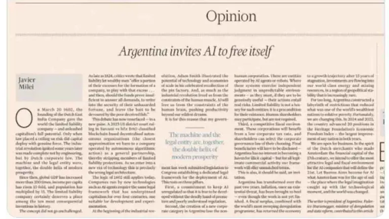 Milei expuso en el Financial Times su plan para atraer inversiones millonarias en IA con mínima regulación