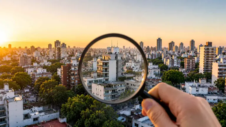 Edificios de la ciudad con una mano y una lupa