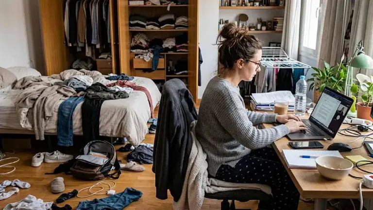 Una mujer sentada en su escritorio delante de una computarodra en su habitación totalmente desordenada. Imagen de archivo