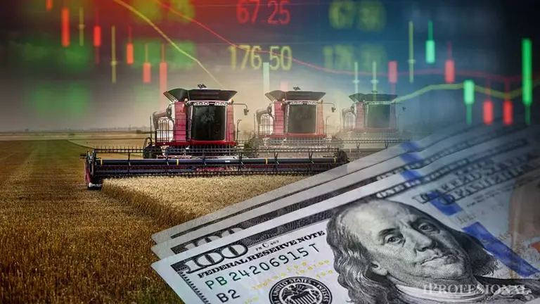 billetes de dólar y de fondo maquinaria agrícola sobre un campo y un fundido de una pantalla con números
