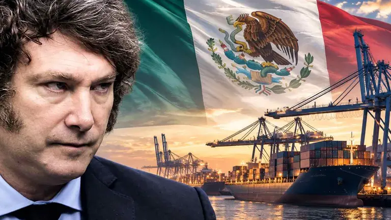 Presidente argentino Javier Milei y puerto de México. Imagen generada con IA