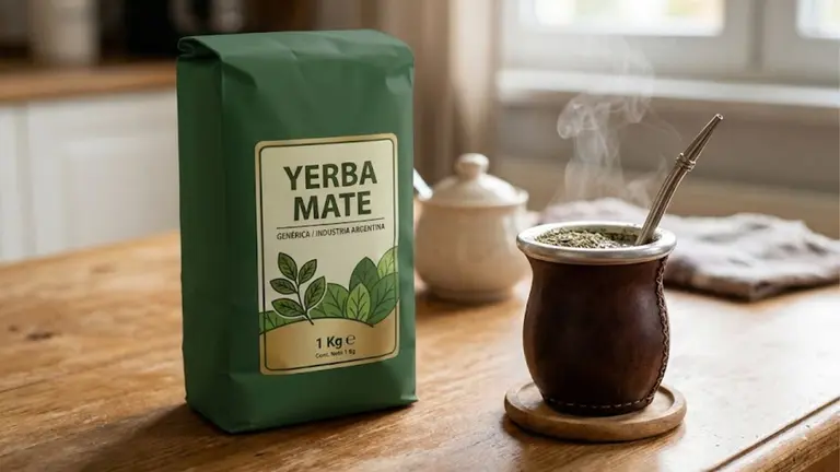 Imagen de un paquete de yerba y un mate sobre una mesa de madera. Imagen generada por iProfesional
