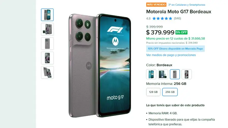 ¿Cuánto cuesta el celular Motorola más vendido en Mercado Libre?