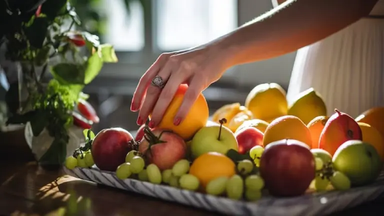 Fuente con frutas y verduras sobre una mesa con una mano tomando una naranja. Foto de archivo