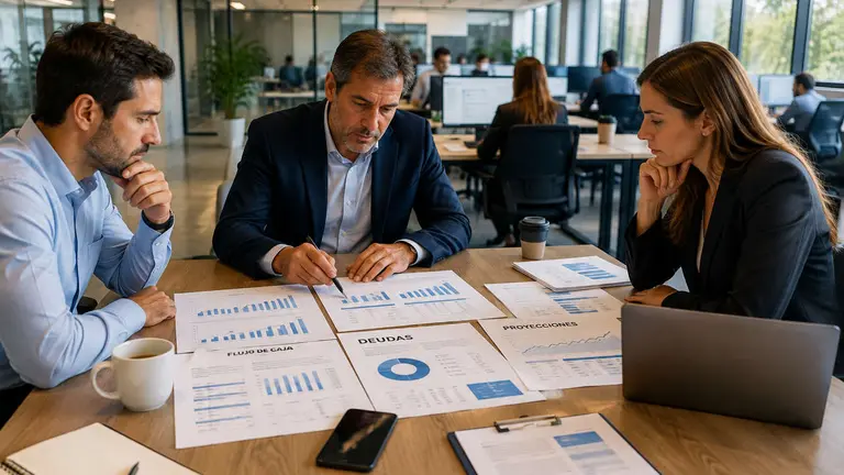 Directivos reunidos en una oficina revisan documentos financieros, gráficos y proyecciones sobre una mesa.