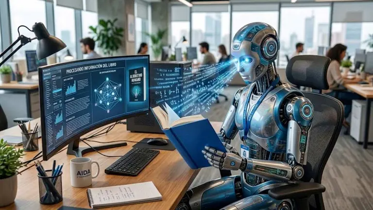 Un robot de inteligencia artificial leyendo un libro frente a una computadora