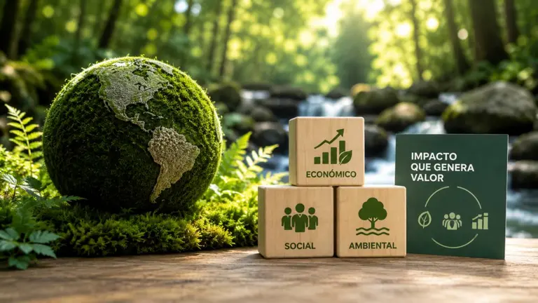 Imagen de cajas con logos de sustentabilidad, en medio de un entorno verde, con un dibujo del globo terraqueo