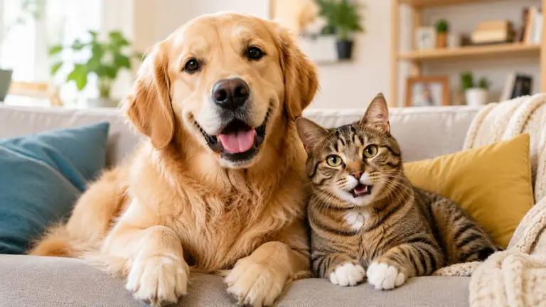 Un perro recostado en un sillón al lado de un gato, están entre almohadones y en un living de una casa