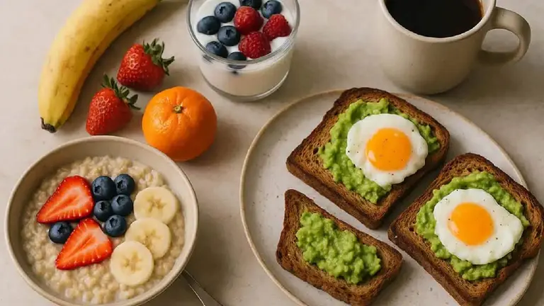 Plato con tostadas integrales con palta y huevo, vaso de yogur con frutas, pote con avena, frutas sueltas y una taza de café, todo sobre una mesa