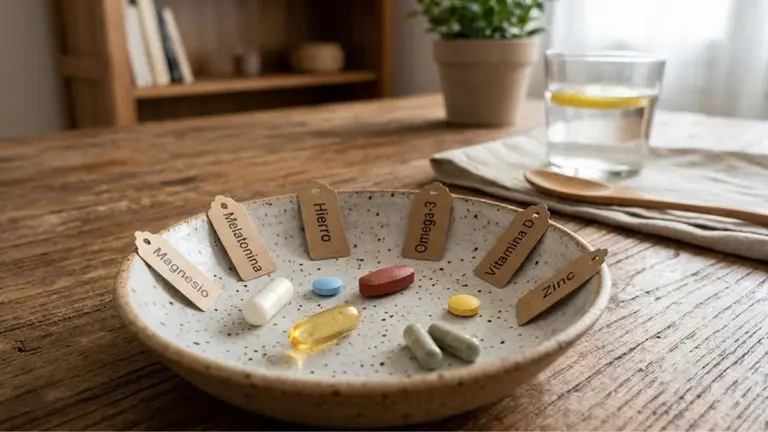 La imagen de pastillas de vitaminas en un plato, sobre una mesa y con un vaso de fondo