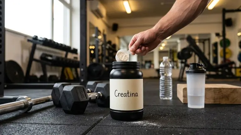Un frasco de creatina en un gimnasio, con una mano que está cargando una cuchara