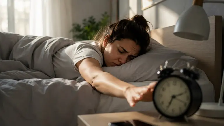 Una mujer durante la mañana tirada en la cama alargando el brazo hacia la mesa de luz para tomar un reloj despertador