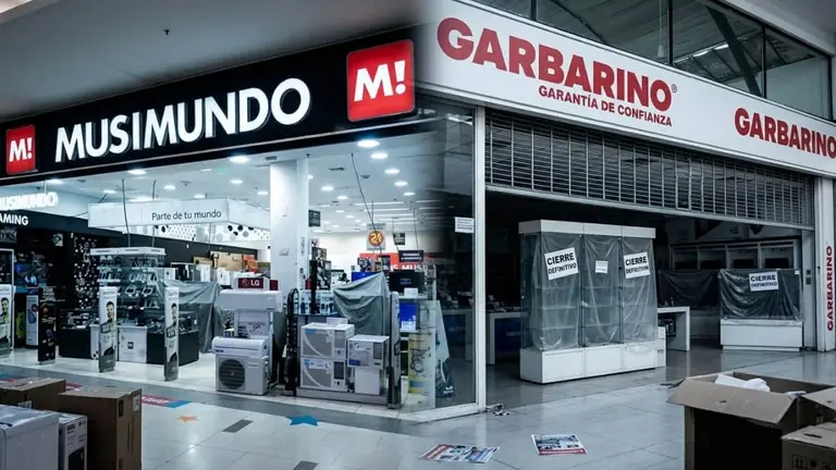 Foto editada tipo collage, en la que se ven las entradas de los locales de Musimundo (a la izquierda) y Garbarino (a la derecha).