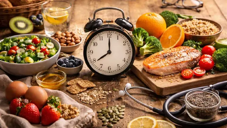 Una mesa con un reloj despertador en el centro rodeo de comida saludable, como huevoes, verduras, frutas y pescados