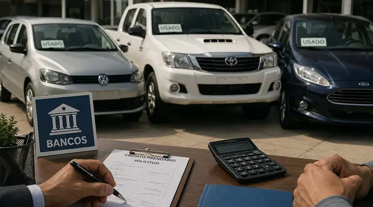 Autos usados y logo del Banco Nación en una mesa con una calculadora y una planilla