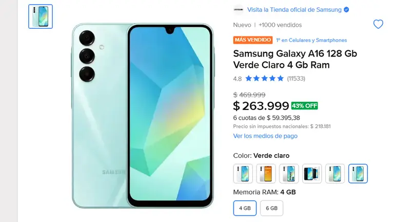 Ficha de Mercado Libre del celular Samsung Galaxyy A16