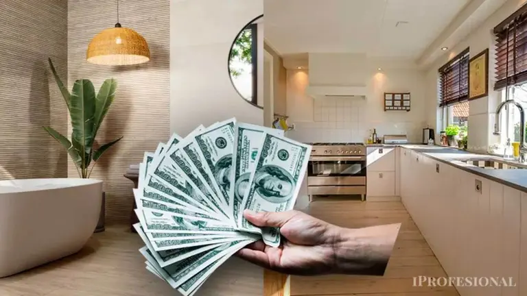 Imagen de un departamento reciclado, con una mano con billetes de dólares
