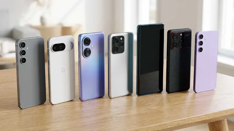 Siete teléfonos celulares de diferentes marcas y colores ordenados de pie sobre una mesa de madera clara
