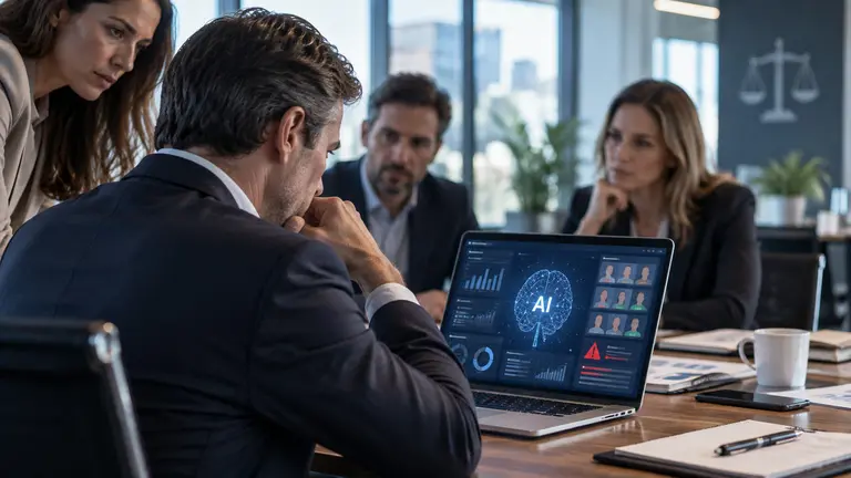 Ejecutivos reunidos en una oficina analizan en una notebook un panel sobre inteligencia artificial aplicada a empresas.