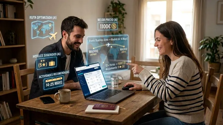 Dos personas organizando un viaje con una computadora y asistidos por la IA. (Imagen generada por IA)