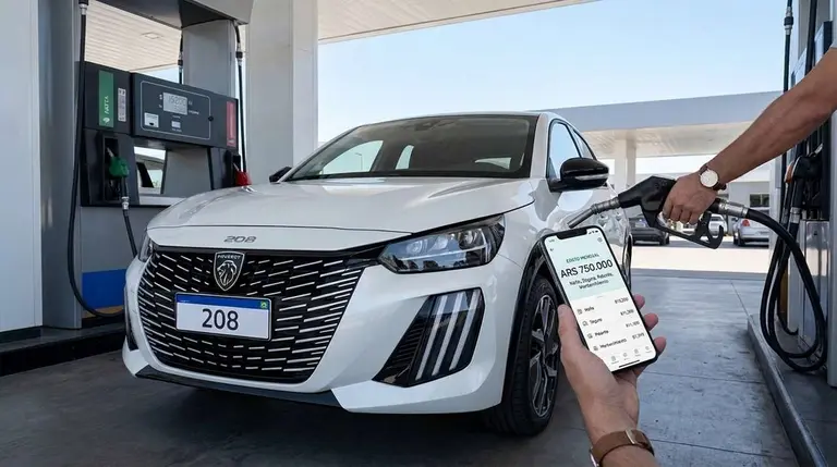 Auto peugeot 208 en una estación de servicio, mano con surtidor y mano con celular