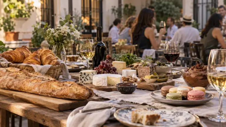 mesa al aire libre cubierta con productos de la gastronomía francesa (Imagen generada con IA)