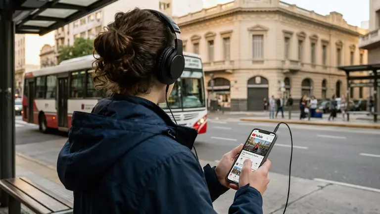 Mujer con celular conectado con cable jack 3.5mm en la calle